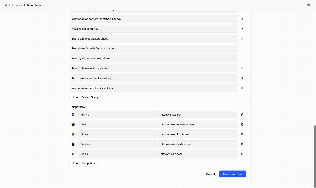 The competitors list, each row a brand name and its URL