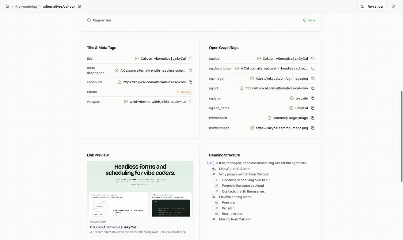 Title and meta tags, Open Graph tags, link preview, and heading structure for the snapshot