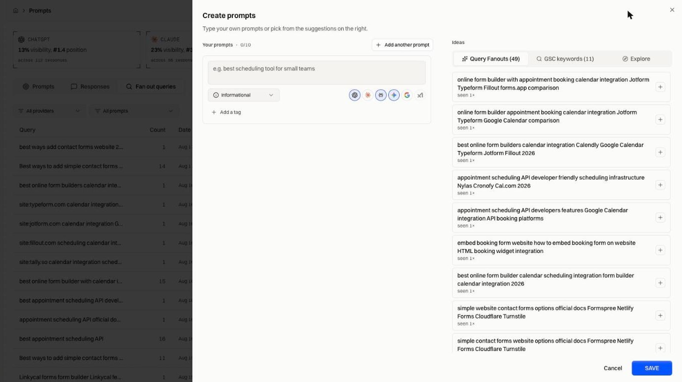 The Create prompts dialog, with the Ideas panel offering Query Fanouts and GSC keywords