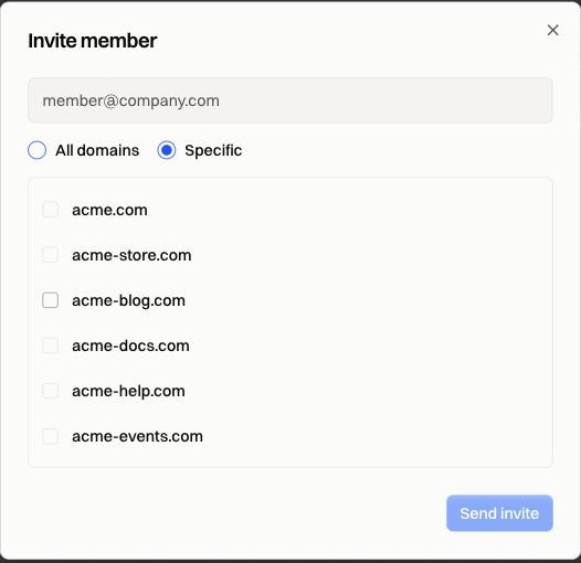 The invite dialog in Specific mode, listing each site with a checkbox