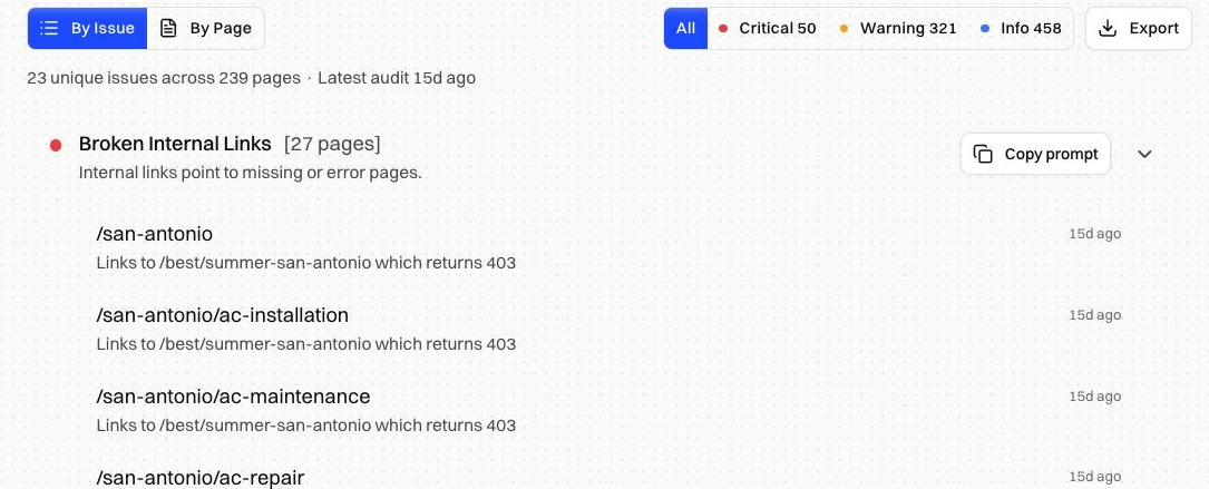 Broken Internal Links expanded, listing each affected page and the link that failed