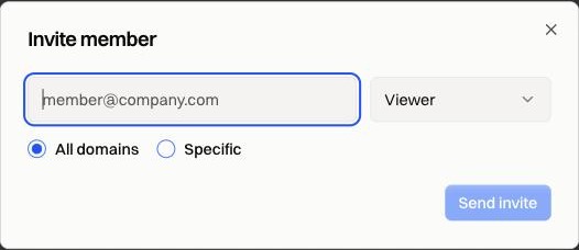 The invite dialog, with an email field, a role picker, and the choice between all domains and specific ones