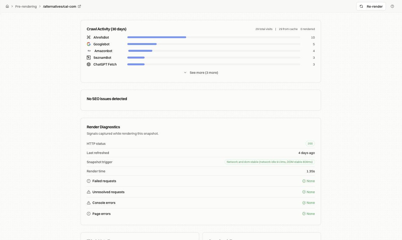 A page's detail view, showing crawl activity by bot and render diagnostics