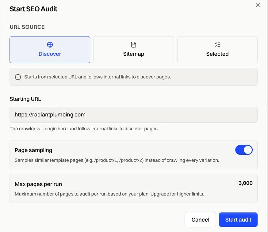 Start SEO Audit dialog with URL source, starting URL, page sampling, and max pages per run