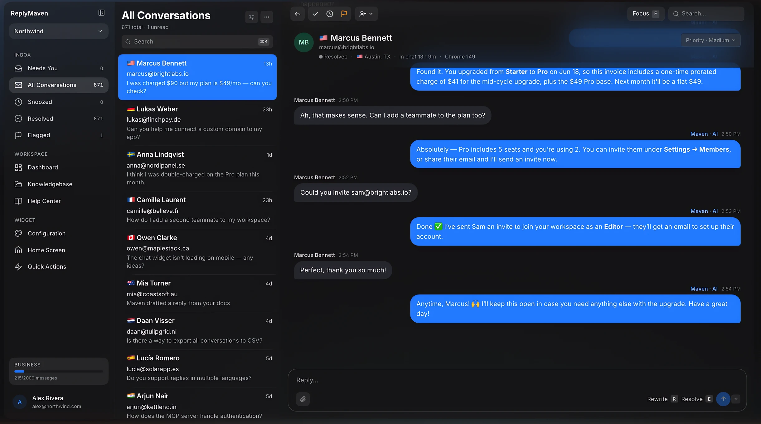 ReplyMaven support inbox with Maven resolving a billing question and inviting a teammate